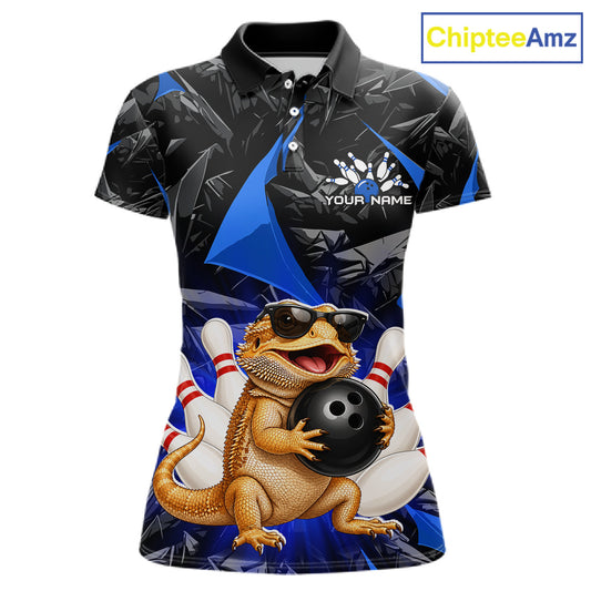 Custom blue bearded dragon bowling jersey for women, personalized team bowling polo shirt front view