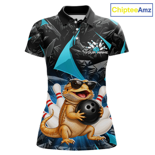 Custom turquoise bearded dragon bowling jersey for women, personalized team bowling polo shirt front view