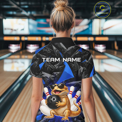 Women’s blue bearded dragon bowling quarter zip shirt, back view on female model in bowling lane 