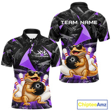 Load image into Gallery viewer, Custom purple bearded dragon bowling jersey for men, personalized team bowling polo shirt front view and back view