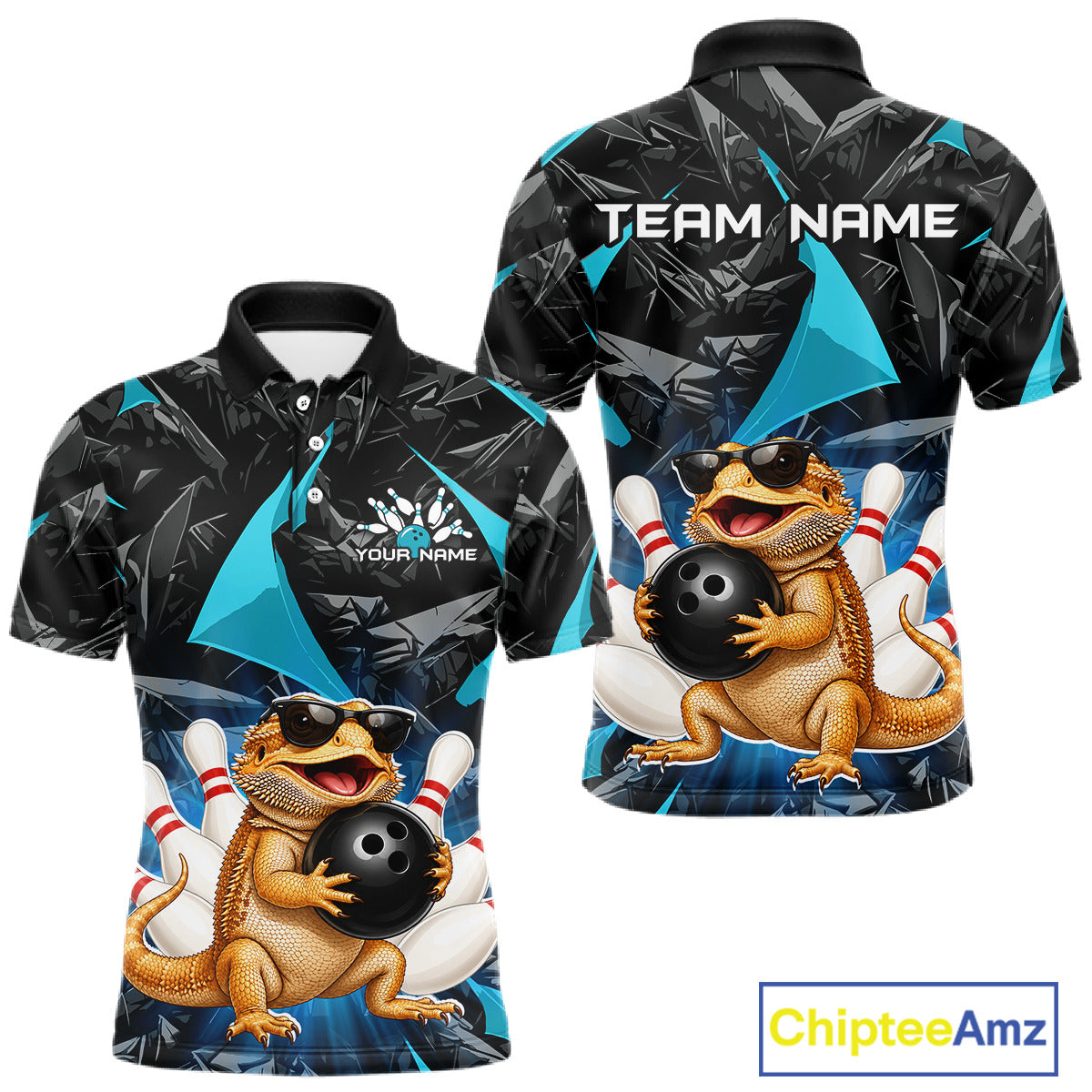 Custom turquoise bearded dragon bowling jersey for men, personalized team bowling polo shirt front view and back view