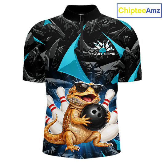 Custom turquoise bearded dragon bowling jersey for men, personalized team bowling polo shirt front view and back view
