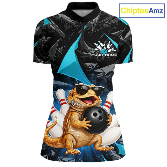Custom turquoise bearded dragon bowling jersey for women, personalized team bowling quarter zip shirt front view