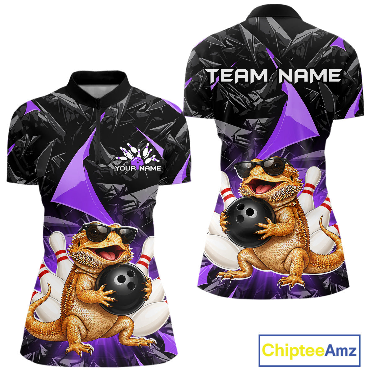 Custom purple bearded dragon bowling jersey for women, personalized team bowling quarter zip shirt front view and back view