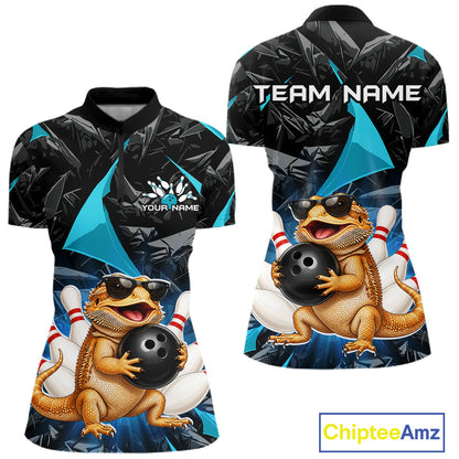 Custom turquoise bearded dragon bowling jersey for women, personalized team bowling quarter zip shirt front view and back view