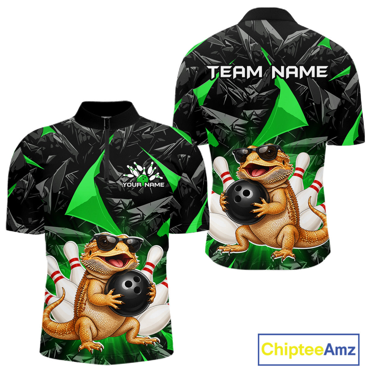Custom green bearded dragon bowling jersey for men, personalized team bowling quarter zip shirt front view and back view