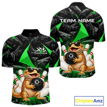 Load image into Gallery viewer, Custom green bearded dragon bowling jersey for men, personalized team bowling quarter zip shirt front view and back view