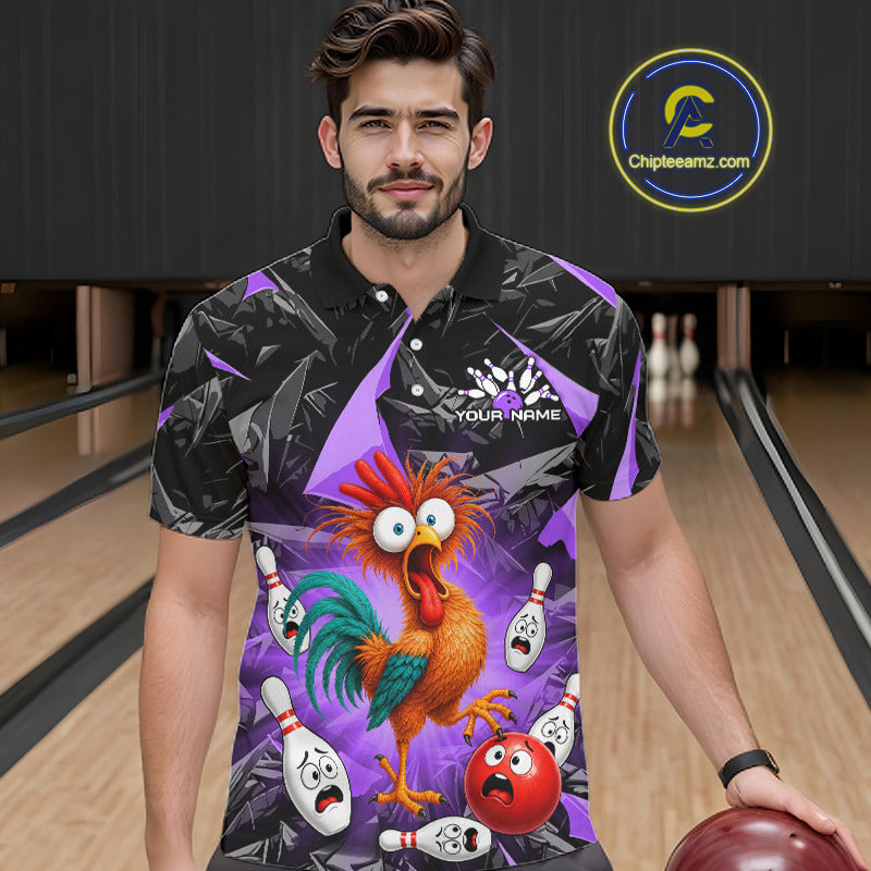 A man wearing a black and purple bowling-themed graphic polo shirt with a cartoon rooster and bowling pins, standing in a bowling alley holding a bowling ball. A circular 'Chileamz.