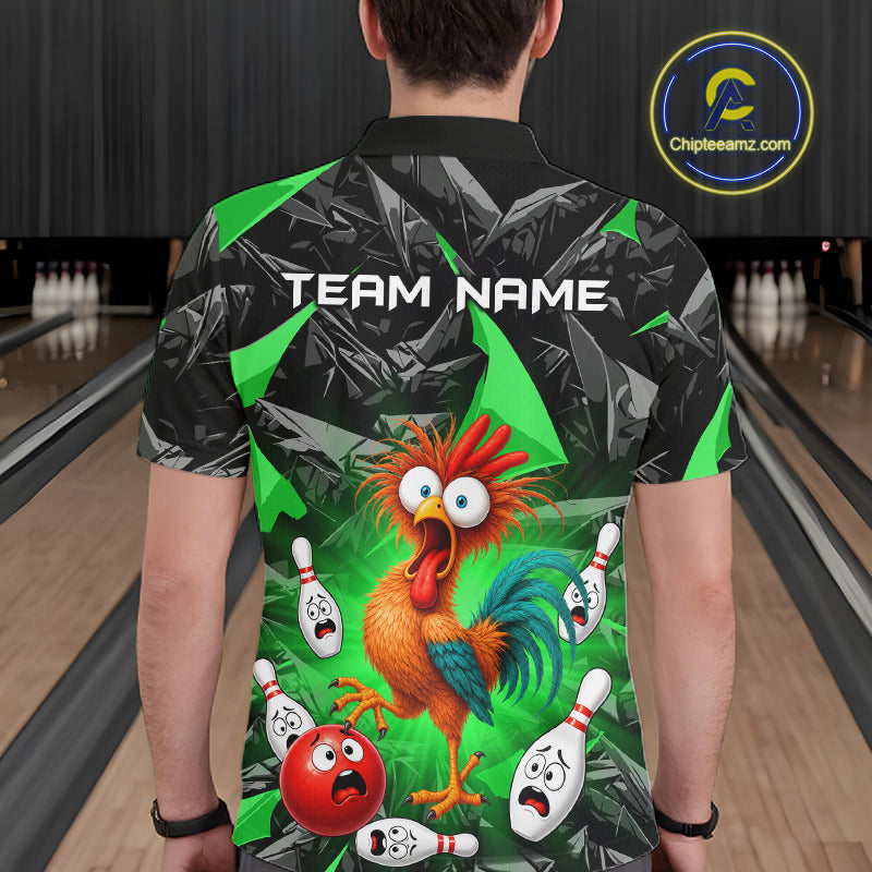 A person shown from the back wearing a short-sleeve bowling-themed shirt with a cartoon rooster, bowling pins, and the text 'TEAM NAME'. The background shows bowling lanes.