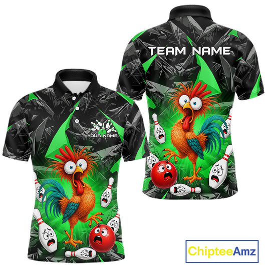 Front and back views of a short-sleeve polo shirt with a black and green leaf pattern, featuring a colorful cartoon rooster, bowling pins, bowling balls, and customizable text placeholders.