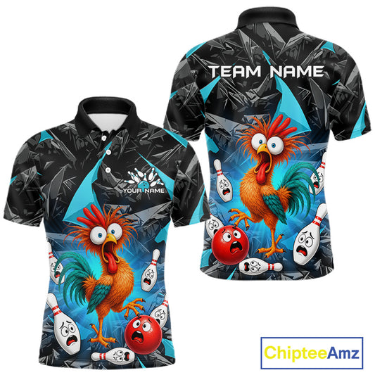 Custom short-sleeve athletic polo shirts shown from the front and back, featuring a vibrant cartoon rooster and bowling pins on a black and blue patterned background. Includes customizable text placeholders 'TEAM NAME' and 'YOUR NAME'.