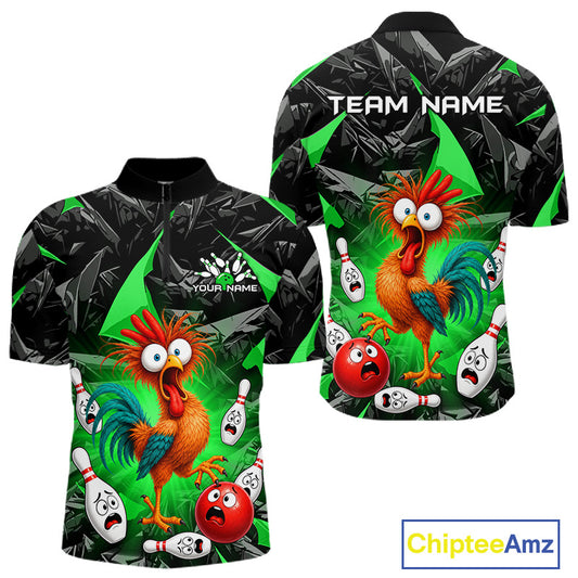 Front and back views of a short-sleeve polo shirt with a vibrant cartoon rooster and bowling pins design on a black and green background. The front features a mock collar, 'YOUR NAME' placeholder text, and bowling pins.