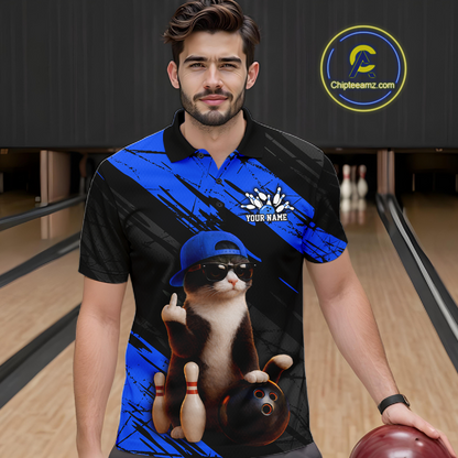 Custom Funny Cat Blue Bowling Jersey for Men Bowling Polo & 1/4 Zip Bowling Team Shirts HNT198