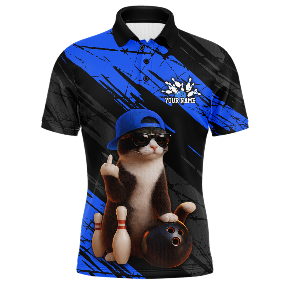 Custom Funny Cat Blue Bowling Jersey for Men Bowling Polo & 1/4 Zip Bowling Team Shirts HNT198