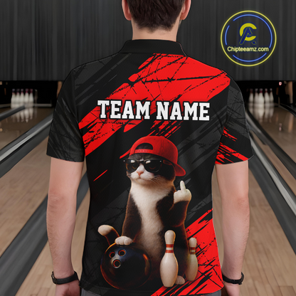 Custom Funny Cat Red Bowling Jersey for Men Bowling Polo & 1/4 Zip Bowling Team Shirts HNT198