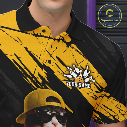 Custom Funny Cat Yellow Bowling Jersey for Men Bowling Polo & 1/4 Zip Bowling Team Shirts HNT198