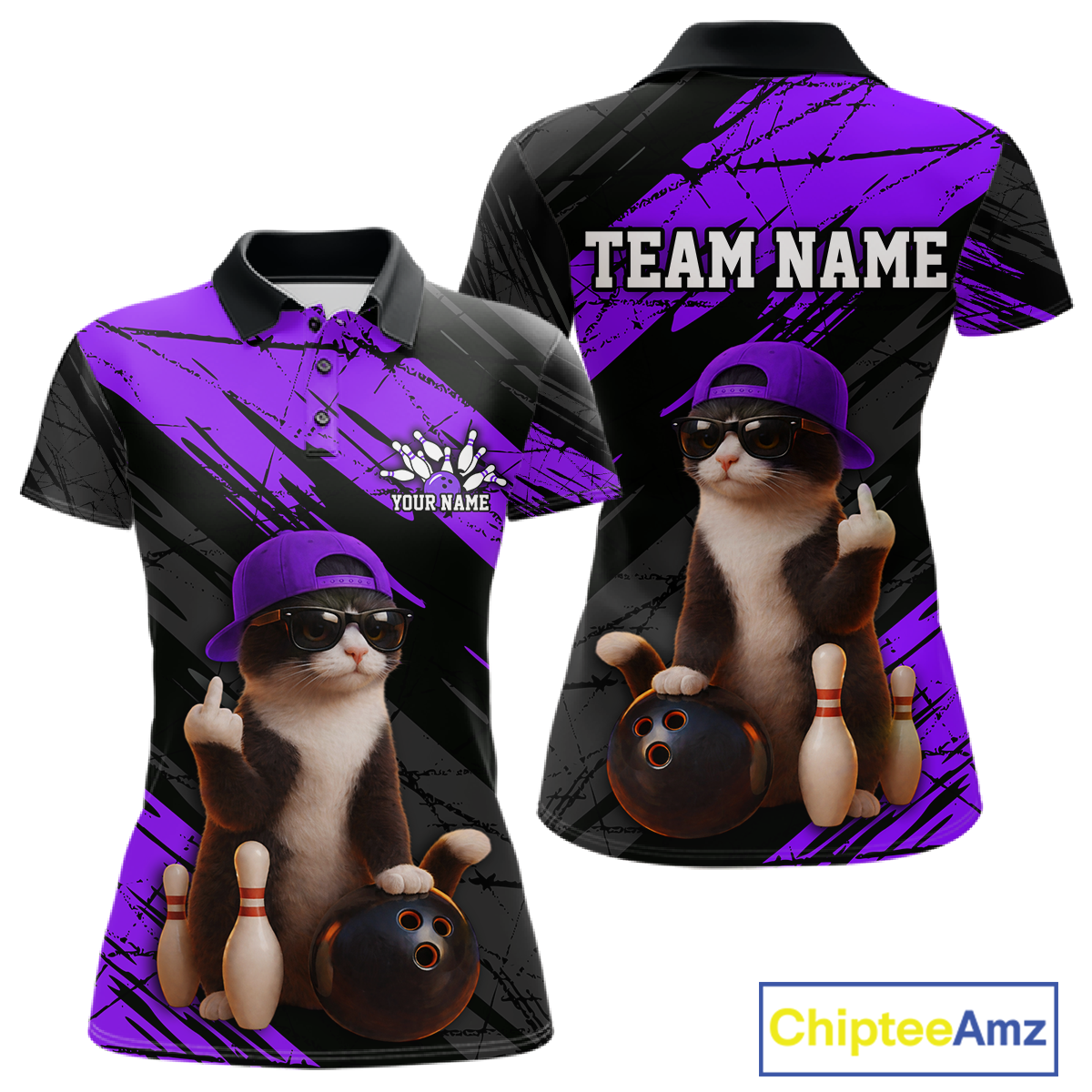 Custom Funny Cat Purple Bowling Jersey for Women Bowling Polo & 1/4 Zip Bowling Team Shirts HNT198