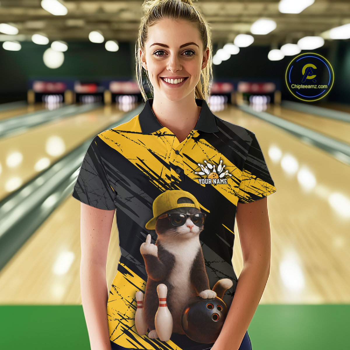 Custom Funny Cat Yellow Bowling Jersey for Women Bowling Polo & 1/4 Zip Bowling Team Shirts HNT198