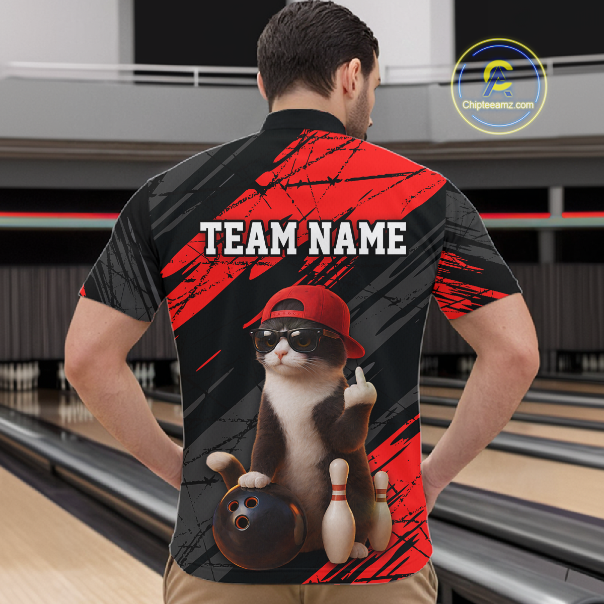 Custom Funny Cat Red Bowling Jersey for Men Bowling Polo & 1/4 Zip Bowling Team Shirts HNT198