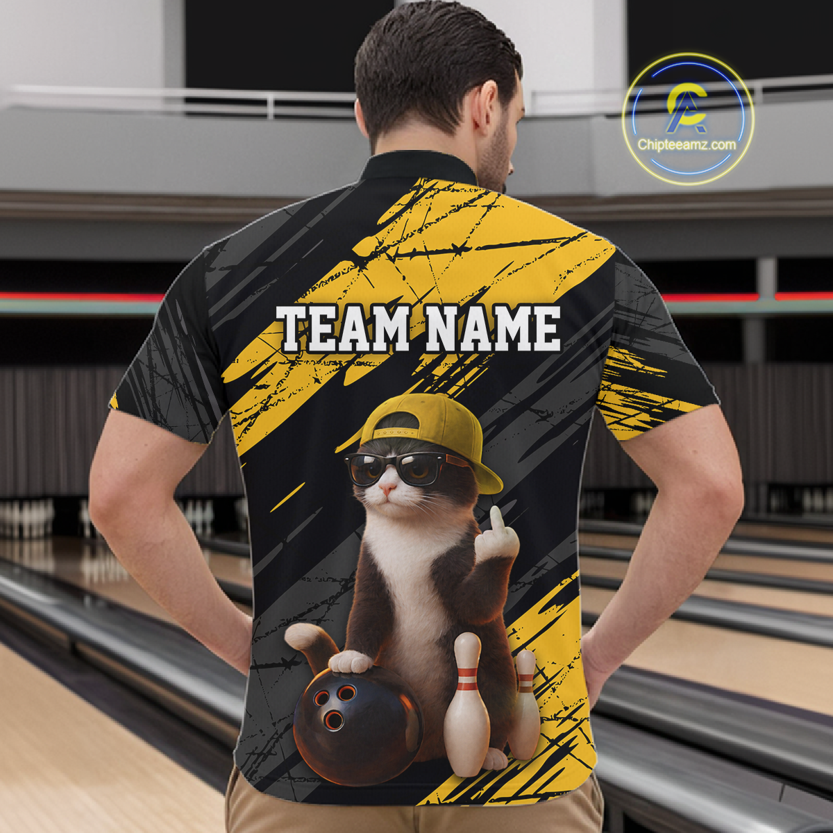 Custom Funny Cat Yellow Bowling Jersey for Men Bowling Polo & 1/4 Zip Bowling Team Shirts HNT198