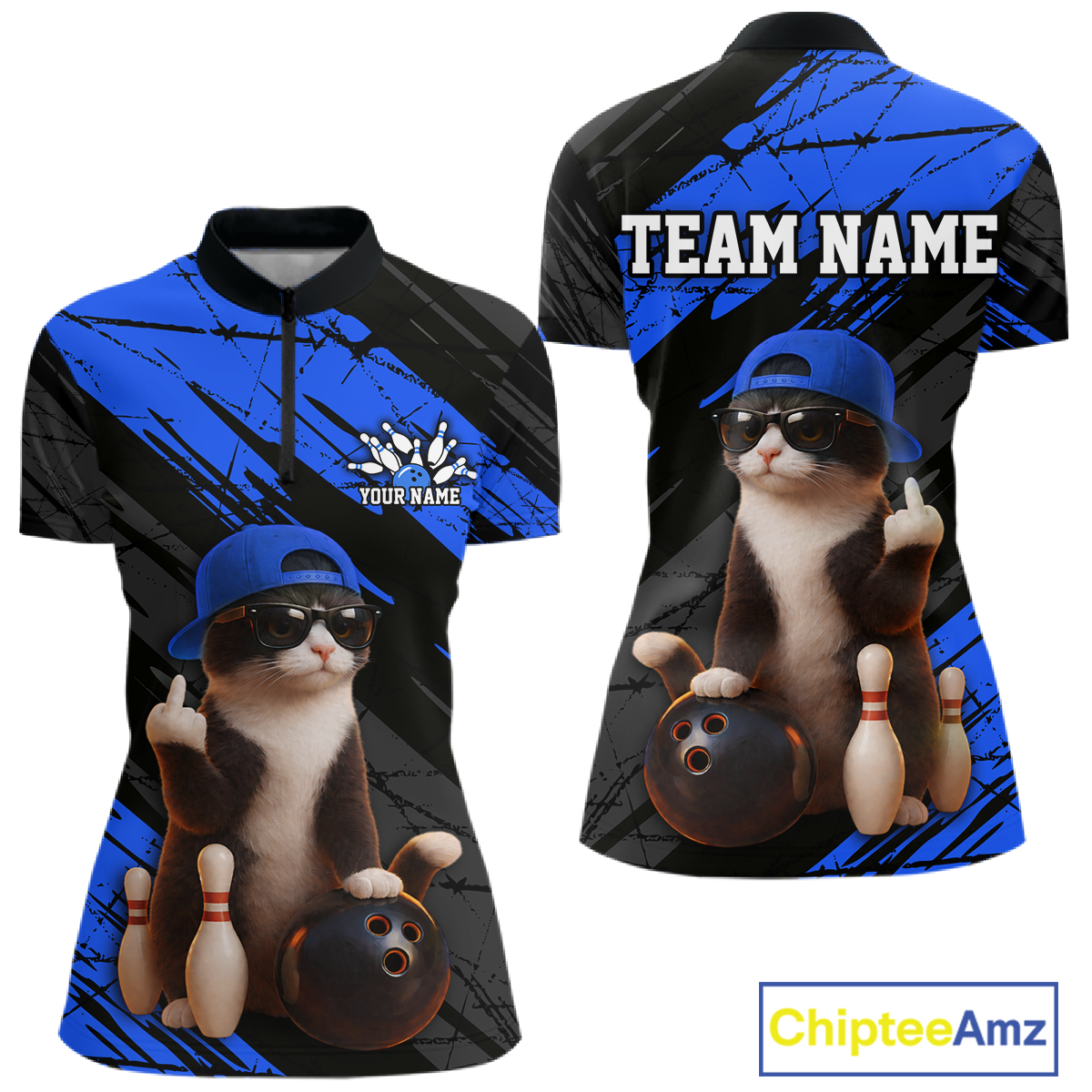 Custom Funny Cat Blue Bowling Jersey for Women Bowling Polo & 1/4 Zip Bowling Team Shirts HNT198