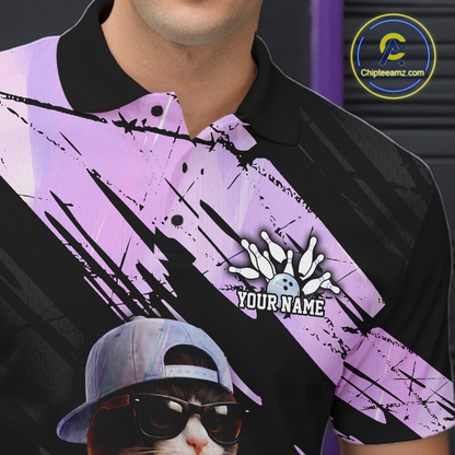 Custom Funny Cat Holographic Bowling Jersey for Men Bowling Polo & 1/4 Zip Bowling Team Shirts HNT198
