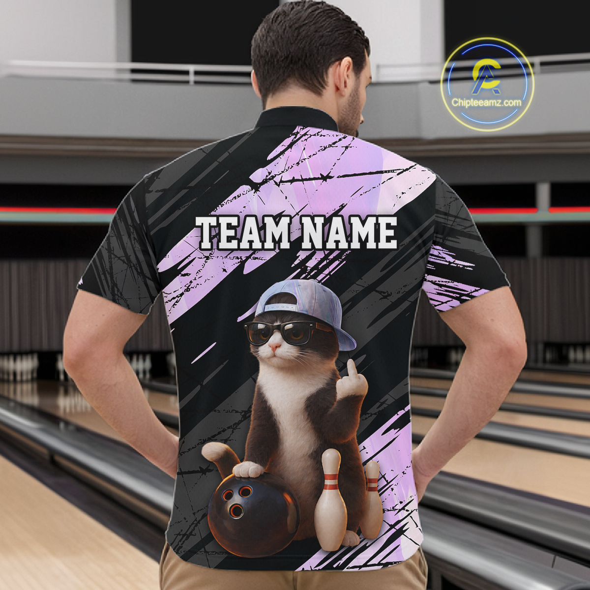 Custom Funny Cat Holographic Bowling Jersey for Men Bowling Polo & 1/4 Zip Bowling Team Shirts HNT198