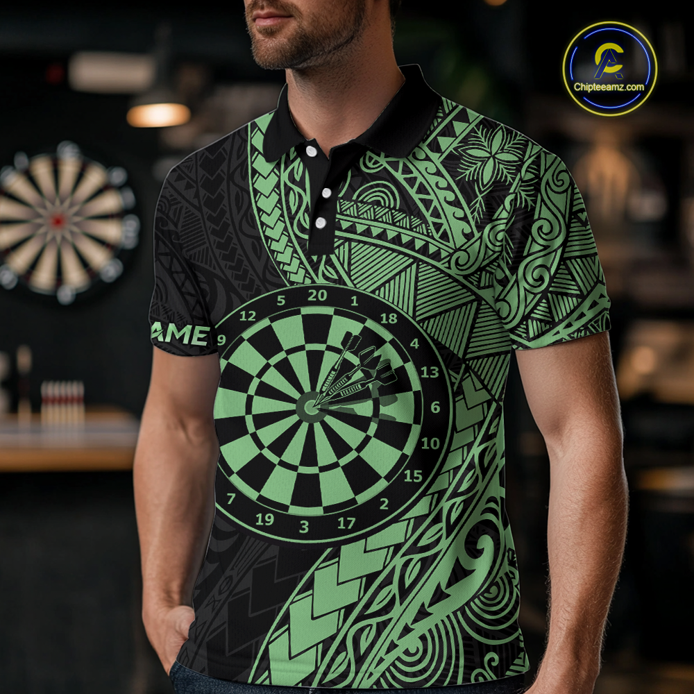 Custom Green Tribal Dart Shirts for Men Dart Team Jersey Dartboard Gifts Polo & 1/4 Zip NNT163