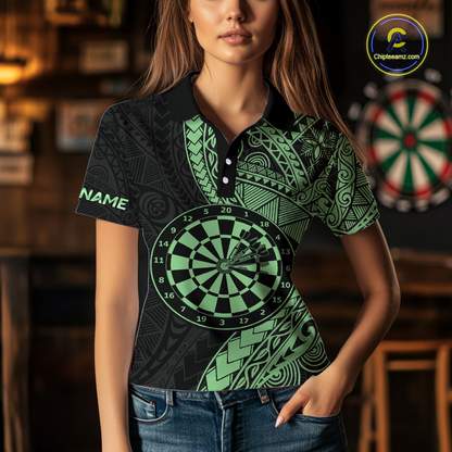 Custom Green Tribal Dart Shirts for Women Dart Team Jersey Dartboard Gifts Polo & 1/4 Zip NNT163