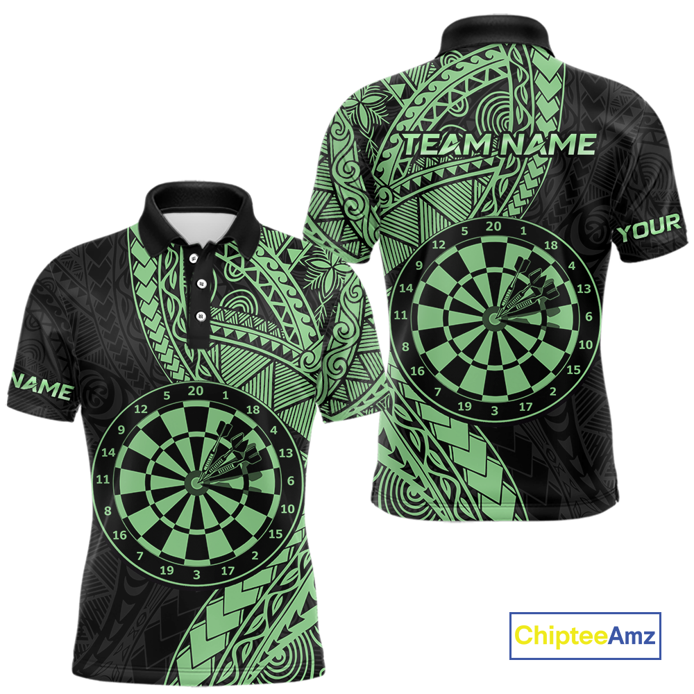 Custom Green Tribal Dart Shirts for Men Dart Team Jersey Dartboard Gifts Polo & 1/4 Zip NNT163