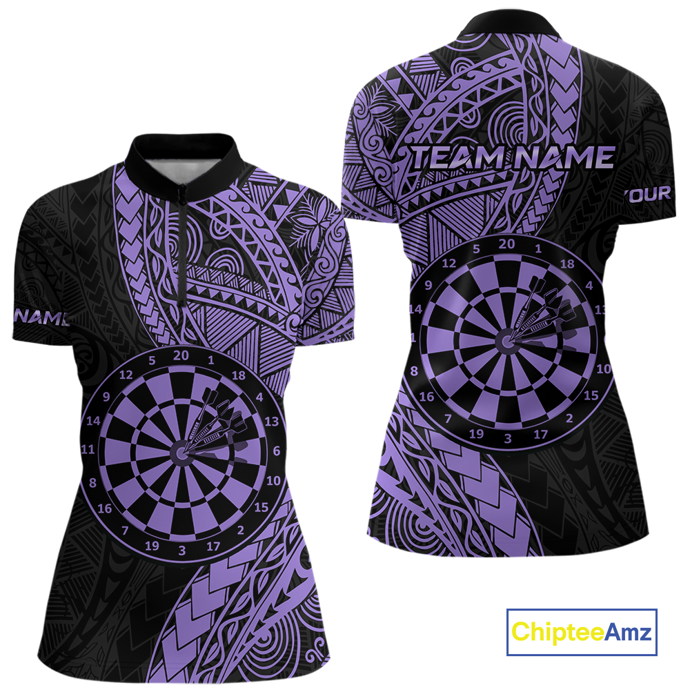 Custom Purple Tribal Dart Shirts for Women Dart Team Jersey Dartboard Gifts Polo & 1/4 Zip NNT163