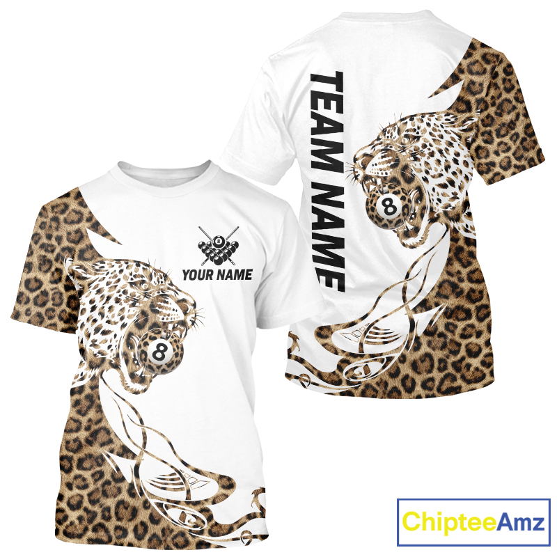 White t-shirt with leopard print sleeves and design, featuring 'Your Name' and 'Team Name' text, with ChipteeAmz branding.