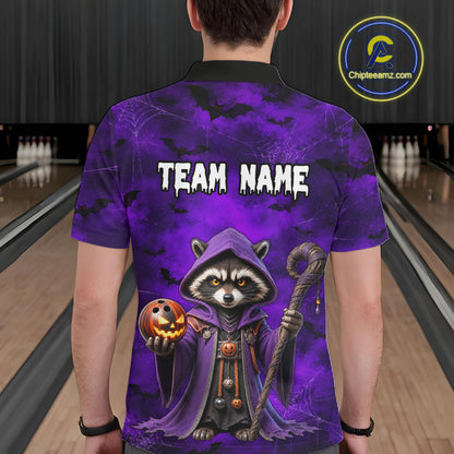 A person viewed from behind wearing a purple short-sleeve polo shirt with a large Halloween-themed raccoon graphic and the text 'TEAM NAME' on the back. Bowling lanes are visible in the background, and a circular 'Chipteeamz.