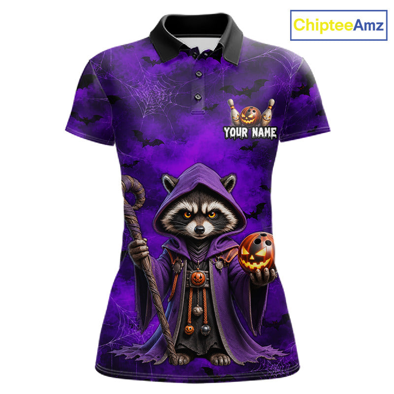A women's short-sleeve polo shirt with a purple Halloween-themed graphic featuring a cartoon raccoon in a hooded robe holding a pumpkin and staff, with 'YOUR NAME' text and a crown graphic on the chest. The ChipteeAmz logo is visible in the top right corner.