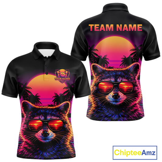 Custom Funny Raccoon Retro Sunset Bowling Jersey for Men Bowling Uniform Bowling Team Shirts HNT280