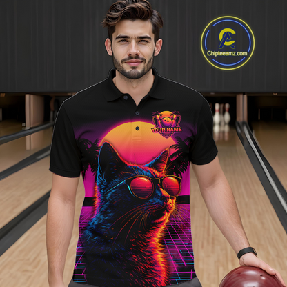 Custom Funny Cat Retro Sunset Bowling Jersey for Men Bowling Uniform Bowling Team Shirts HNT279