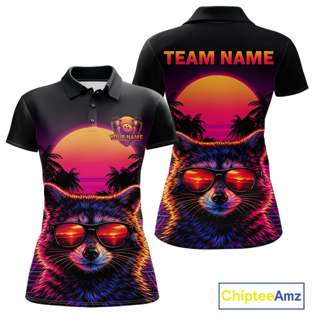 Custom Funny Raccoon Retro Sunset Bowling Jersey for Women Bowling Uniform Bowling Team Shirts HNT280