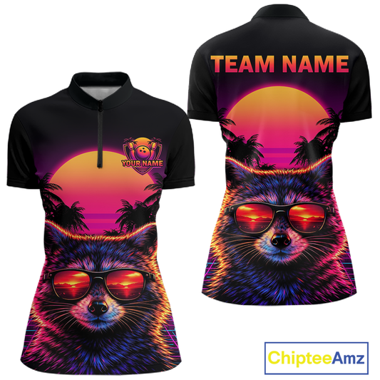 Custom Funny Raccoon Retro Sunset Bowling Jersey for Women Bowling Uniform Bowling Team Shirts HNT280
