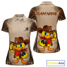 Load image into Gallery viewer, Beige polo shirt with a cartoon duck wearing a cowboy hat and bandana, featuring 'Team Name' text on the back.