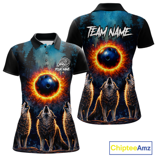 Flame Wolf Bowling Jersey for Women Bowling Uniform Polo &1/4 Zip Custom Bowling Team Shirts HNT252
