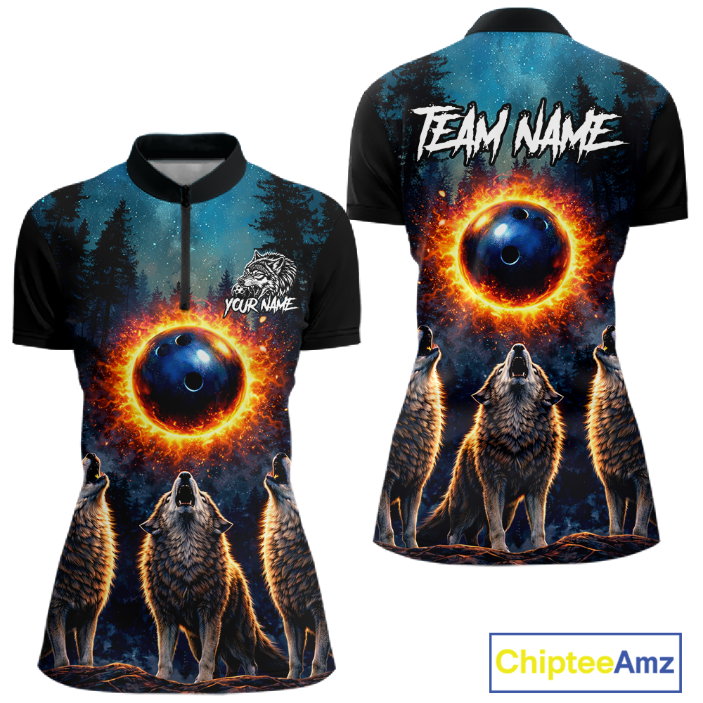 Flame Wolf Bowling Jersey for Women Bowling Uniform Polo &1/4 Zip Custom Bowling Team Shirts HNT252