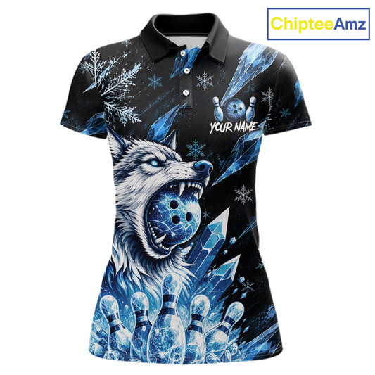 Polo shirt with wolf and bowling ball design on a black background, branded 'ChipteeAmz'.