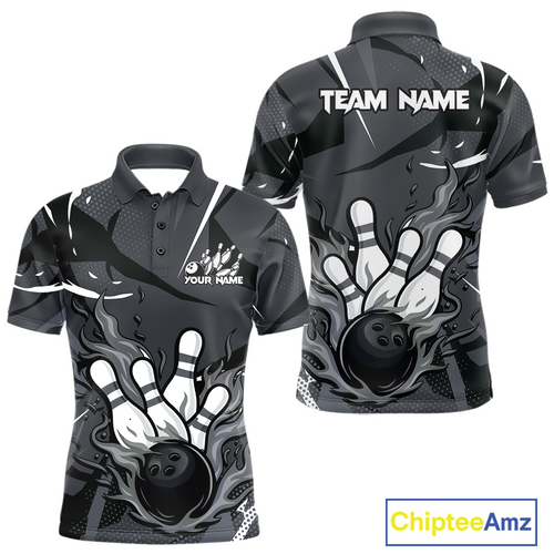 Custom Flame Bowling Jersey for Men Polo & 1/4 Zip Bowling Team Shirts Bowling League HNT151
