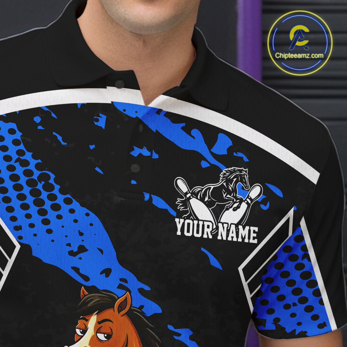 Custom Blue Funny Horse Bowling Tournament Jersey for Men Bowling Team Shirts Polo & 1/4 Zip HNT180