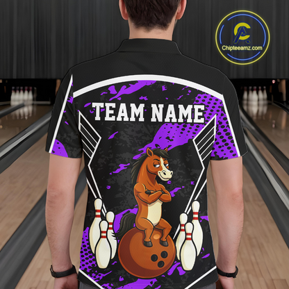 Custom Purple Funny Horse Bowling Tournament Jersey for Men Bowling Team Shirts Polo & 1/4 Zip HNT180