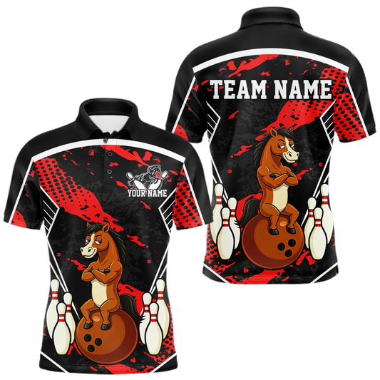 Custom Red Funny Horse Bowling Tournament Jersey for Men Bowling Team Shirts Polo & 1/4 Zip HNT180