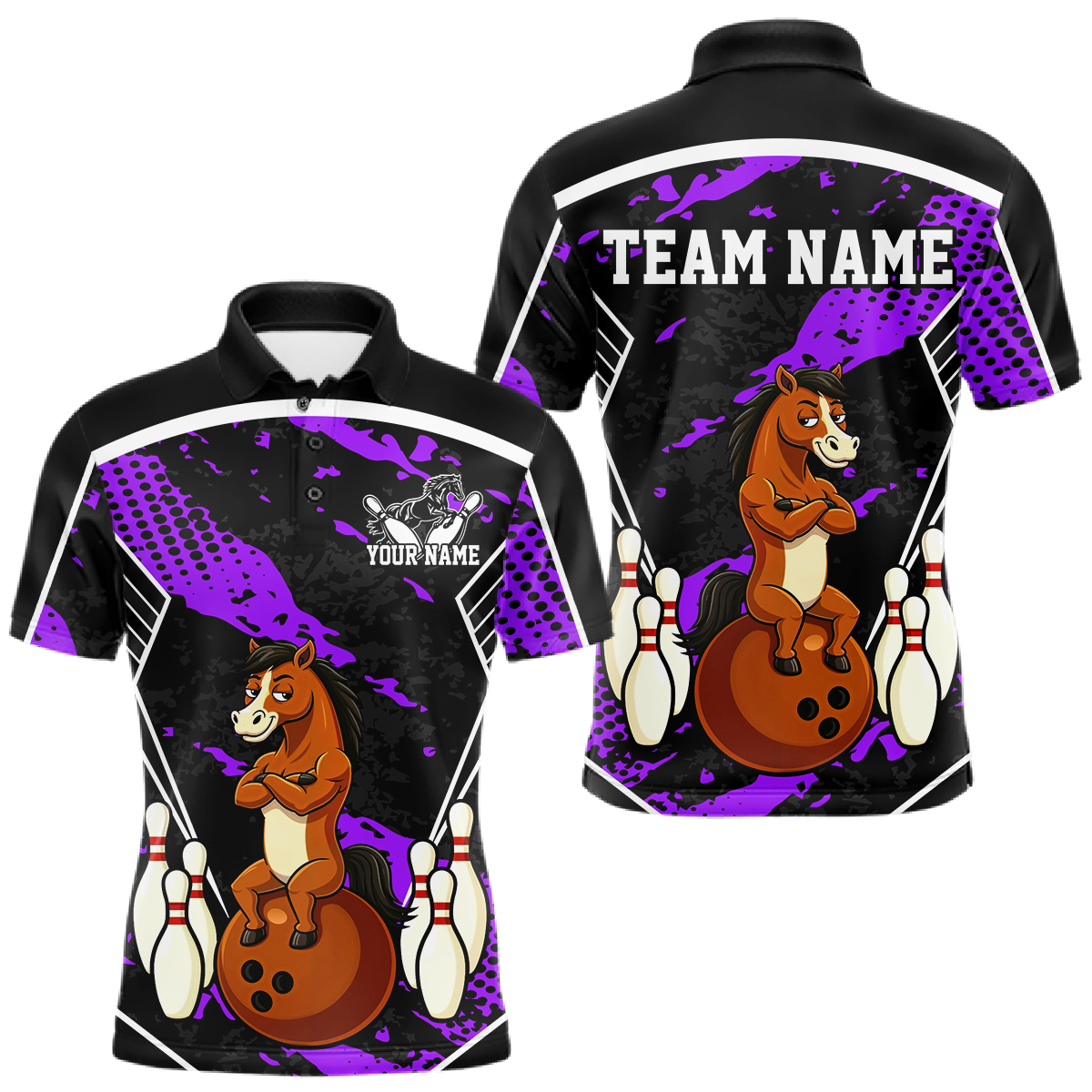 Custom Purple Funny Horse Bowling Tournament Jersey for Men Bowling Team Shirts Polo & 1/4 Zip HNT180