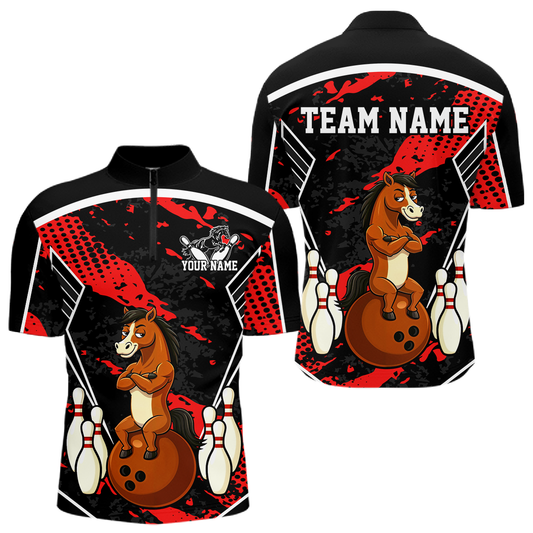 Custom Red Funny Horse Bowling Tournament Jersey for Men Bowling Team Shirts Polo & 1/4 Zip HNT180