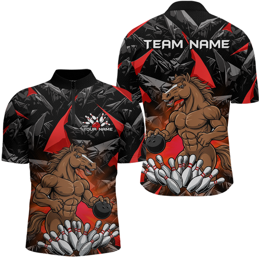 Custom Red Funny Horse Bowling Jersey for Men Bowling Team Shirts Bowling League Polo & 1/4 Zip HNT183