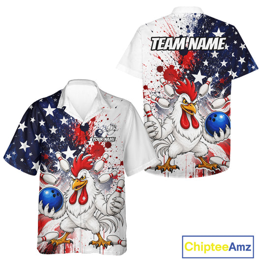 Custom US Flag Angry Chicken Hawaiian Bowling Jersey Bowling Team Shirts Bowling Uniform HNT330